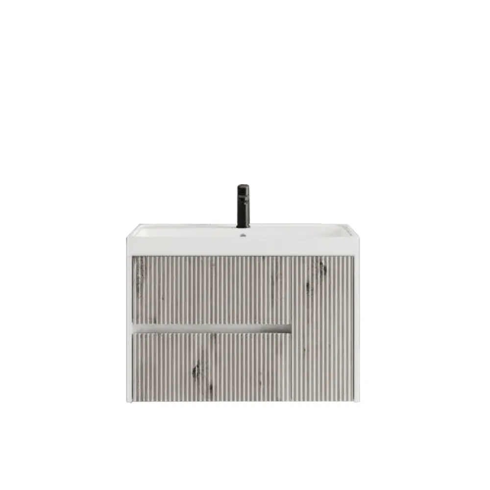 Mueble de baño suspendido canelado con lavabo y espejo en forma de gota cm 100 color gris antiguo - Cubi&Co Colección Genuino