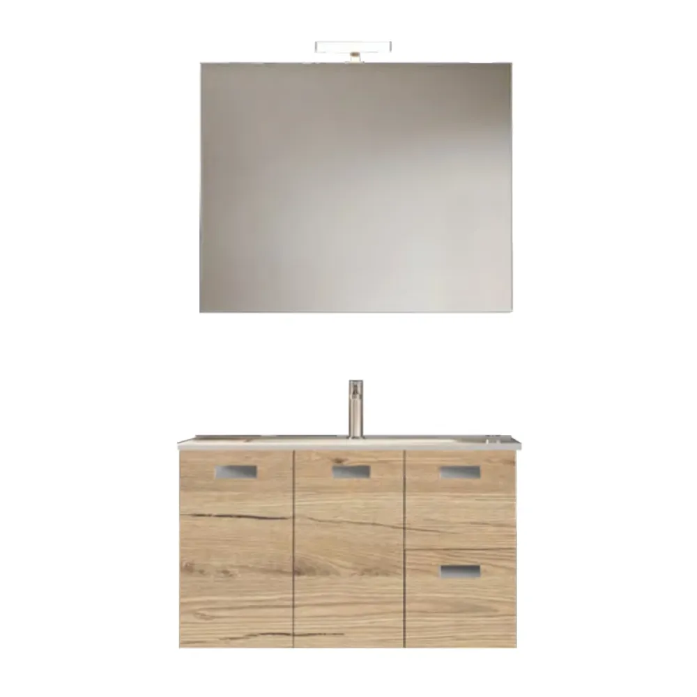Mueble de baño suspendido con base, lavabo y espejo con Led modelo Elisa 105 - Roble Original