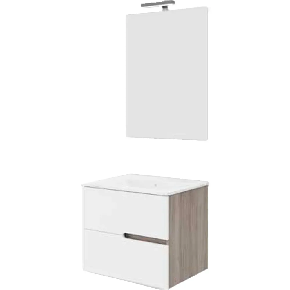 Mueble de baño suspendido con base, lavabo y espejo modelo Irene 60 - Roble humo y Blanco Resplandeciente con Ventosa
