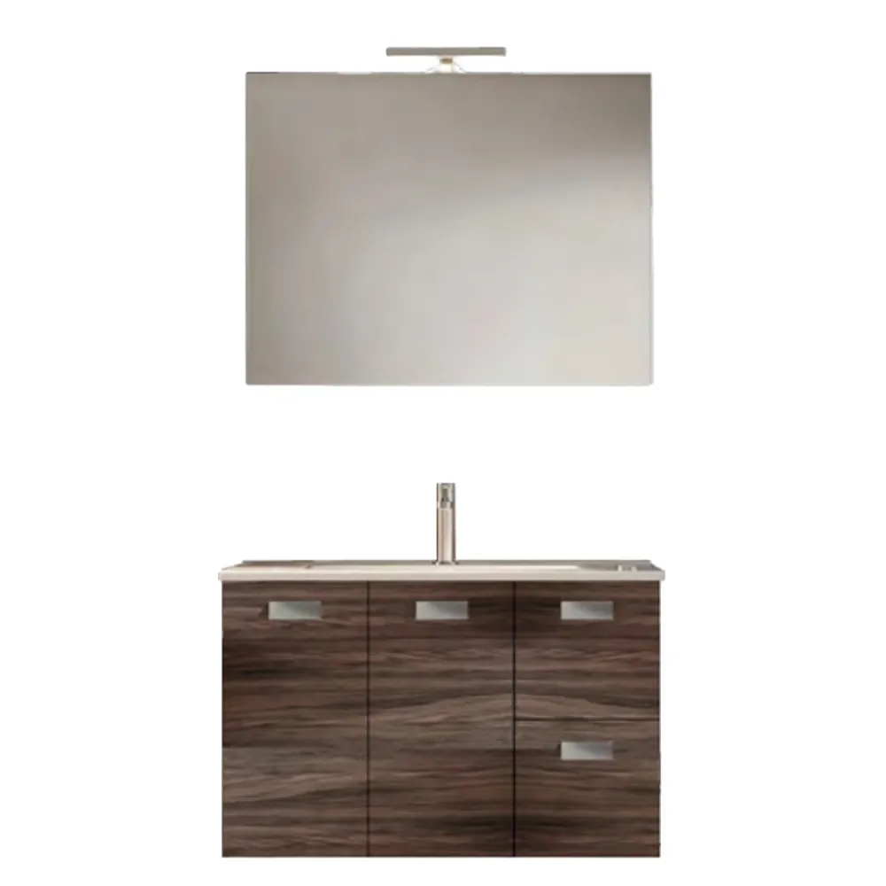 Mueble de baño suspendido con base, lavabo y espejo con Led modelo Elisa 85 - Olmo Caffé Set de 4 Piezas
