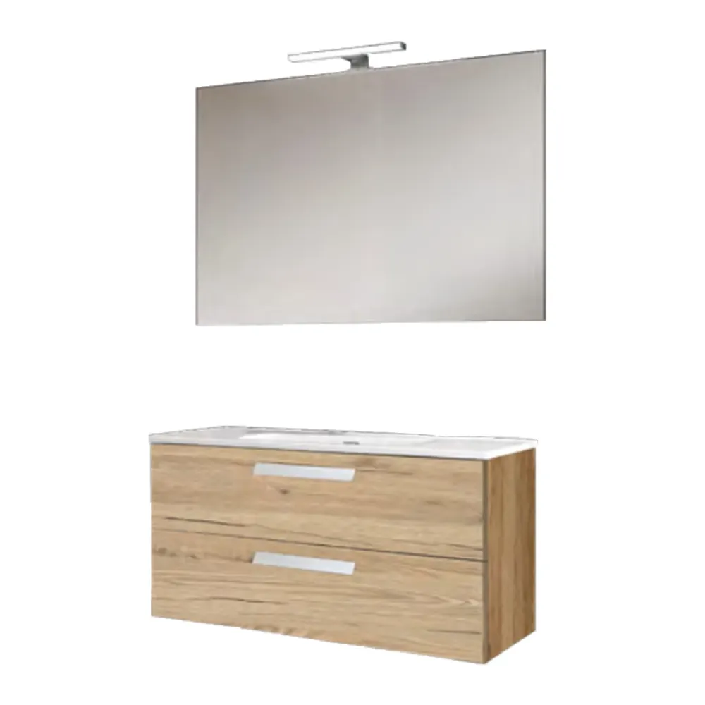 Mueble de baño suspendido con base, lavabo y espejo con Led modelo Clara 105 - Roble Genuino Set de 4 Piezas