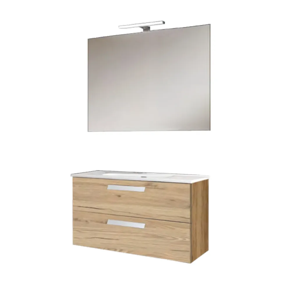 Mueble de baño suspendido con base, lavabo y espejo con Led modelo Clara 85 - Roble Sin aditivos