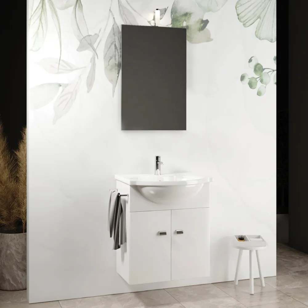Mueble de baño suspendido con espejo y lavabo integrado modelo Viena - Blanco Radiante