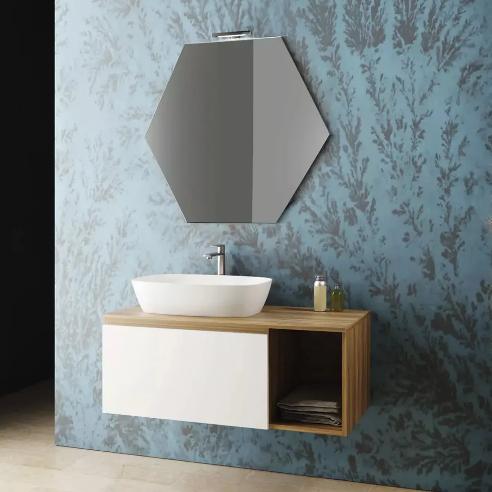 Mueble de baño suspendido con espejo y lavabo de apoyo modelo Emerald - Nogal en Acero Inoxidable