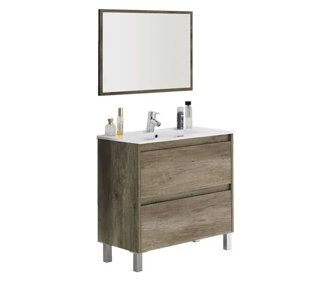 Mueble de Baño Zenda Estilo Genuino en Color Roble Nordik con Espejo y 2 Cajones 80x80x45 cm (Lavabo Opcional)