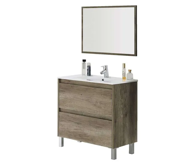 Mueble de Baño Zenda Estilo Genuino en Color Roble Nordik con Espejo y 2 Cajones 80x80x45 cm (Lavabo Opcional)