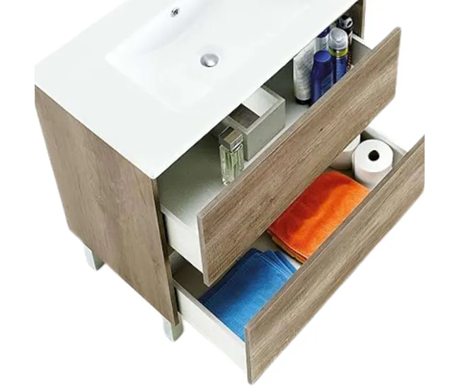 Mueble de Baño Zenda Estilo Genuino en Color Roble Nordik con Espejo y 2 Cajones 80x80x45 cm (Lavabo Opcional)