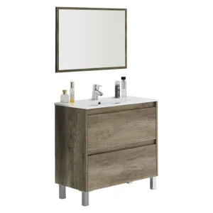 Mueble de Baño Zenda Estilo Natural en Color Roble Nordik con Espejo y 2 Cajones 80x80x45 cm (Lavabo Electivo