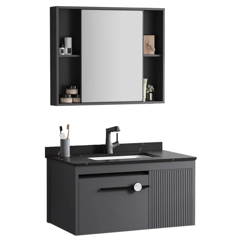 MUEBLE D/BAÑO CON ESPEJO D/ALUMINIO NEGRO 80*47.5*44CM para Ahorrar Espacio