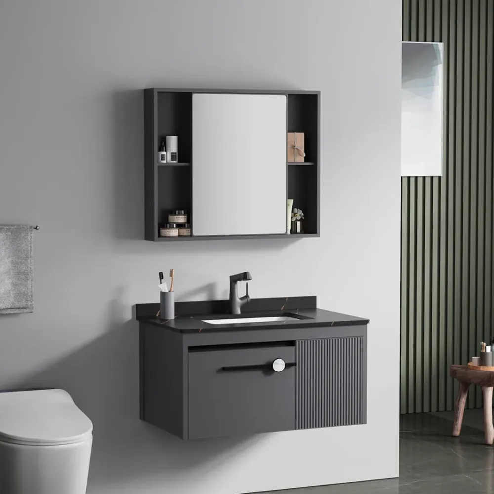 MUEBLE D/BAÑO CON ESPEJO D/ALUMINIO NEGRO 80*47.5*44CM para Ahorrar Espacio