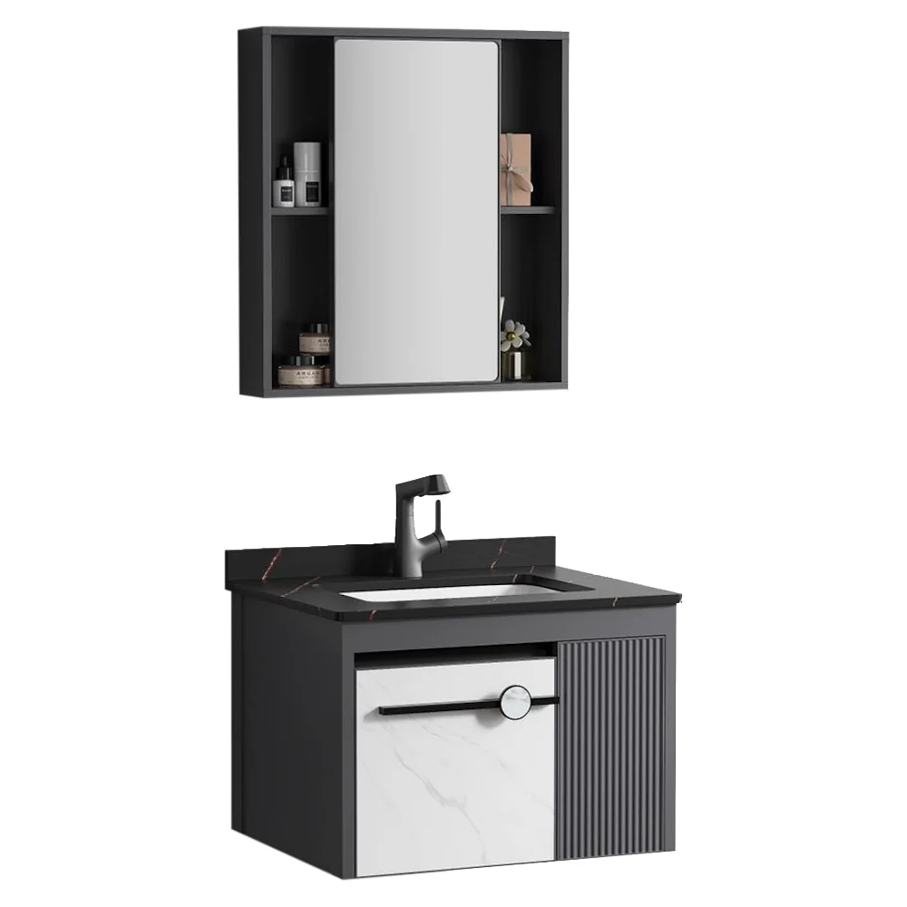 MUEBLE D/BAÑO CON ESPEJO D/ALUMINIO NEGRO+BLANCO 60*47.5*44CM para Ahorrar Espacio