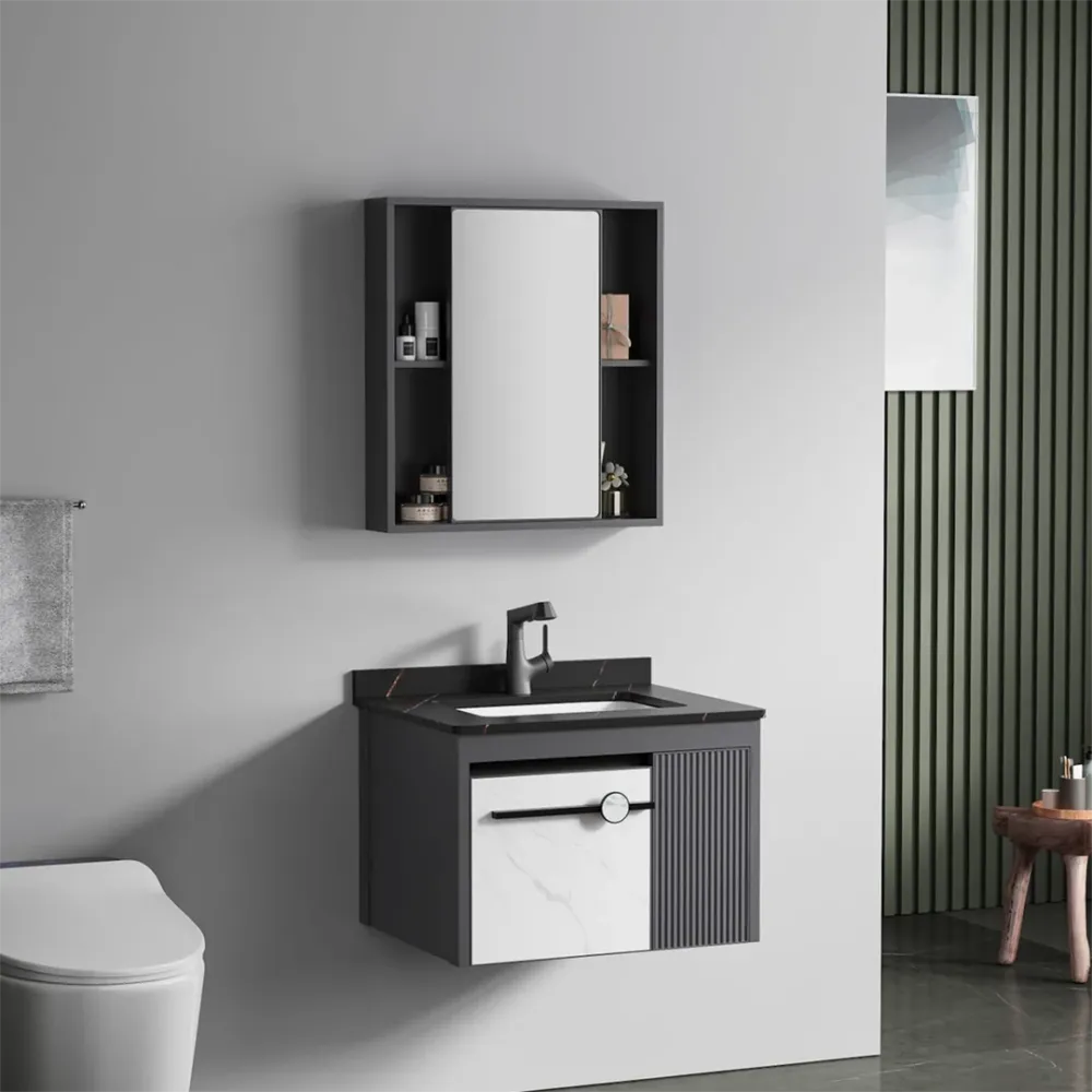 MUEBLE D/BAÑO CON ESPEJO D/ALUMINIO NEGRO+BLANCO 60*47.5*44CM para Ahorrar Espacio