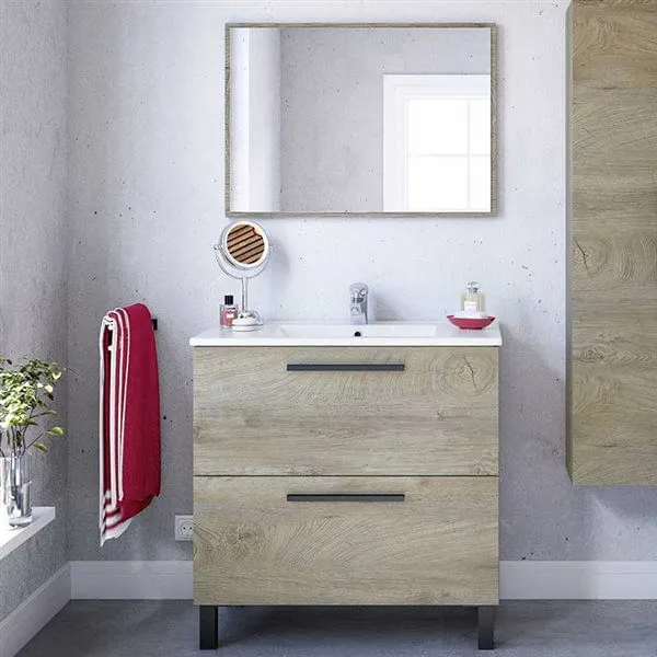 Mueble de lavabo Athena con espejo roble Alaska en Acero Inoxidable
