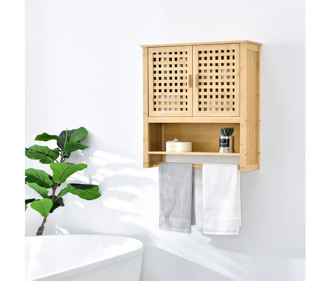 Mueble de pared para baño Borlänge puertas enrejadas bambú 66 x 62 x 20 cm sin aditivos