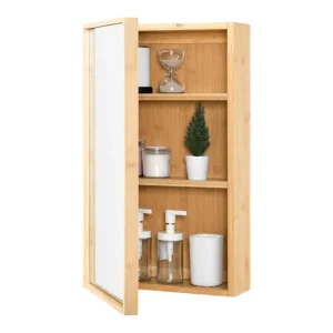 Mueble de pared para baño con espejo Ikorfat estantes ajustables bambú 61 x 35 x 14 cm genuino