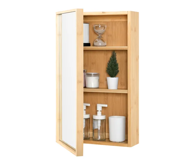 Mueble de pared para baño con espejo Ikorfat estantes ajustables bambú 61 x 35 x 14 cm genuino