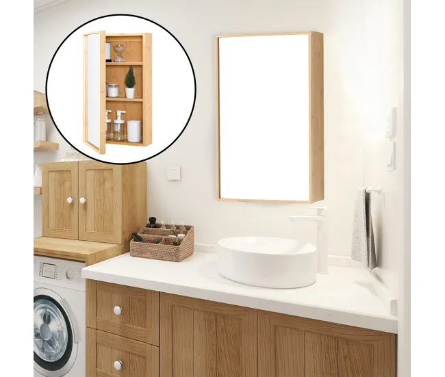 Mueble de pared para baño con espejo Ikorfat estantes ajustables bambú 61 x 35 x 14 cm genuino