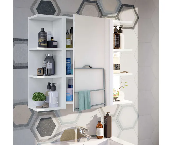 Pack Armario con Espejo + 2 Espejos Color Blanco Brillo baño Aseo Muebles almacenaje 65x80x21 cm