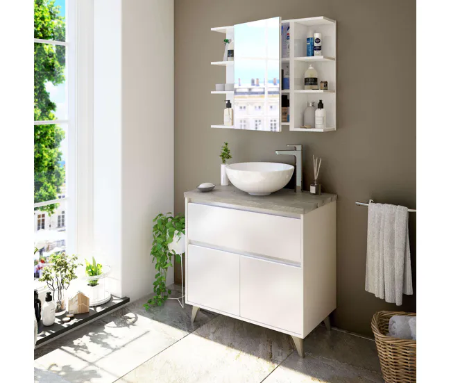 Pack Armario con Espejo + 2 Espejos Color Blanco Brillo baño Aseo Muebles almacenaje 65x80x21 cm