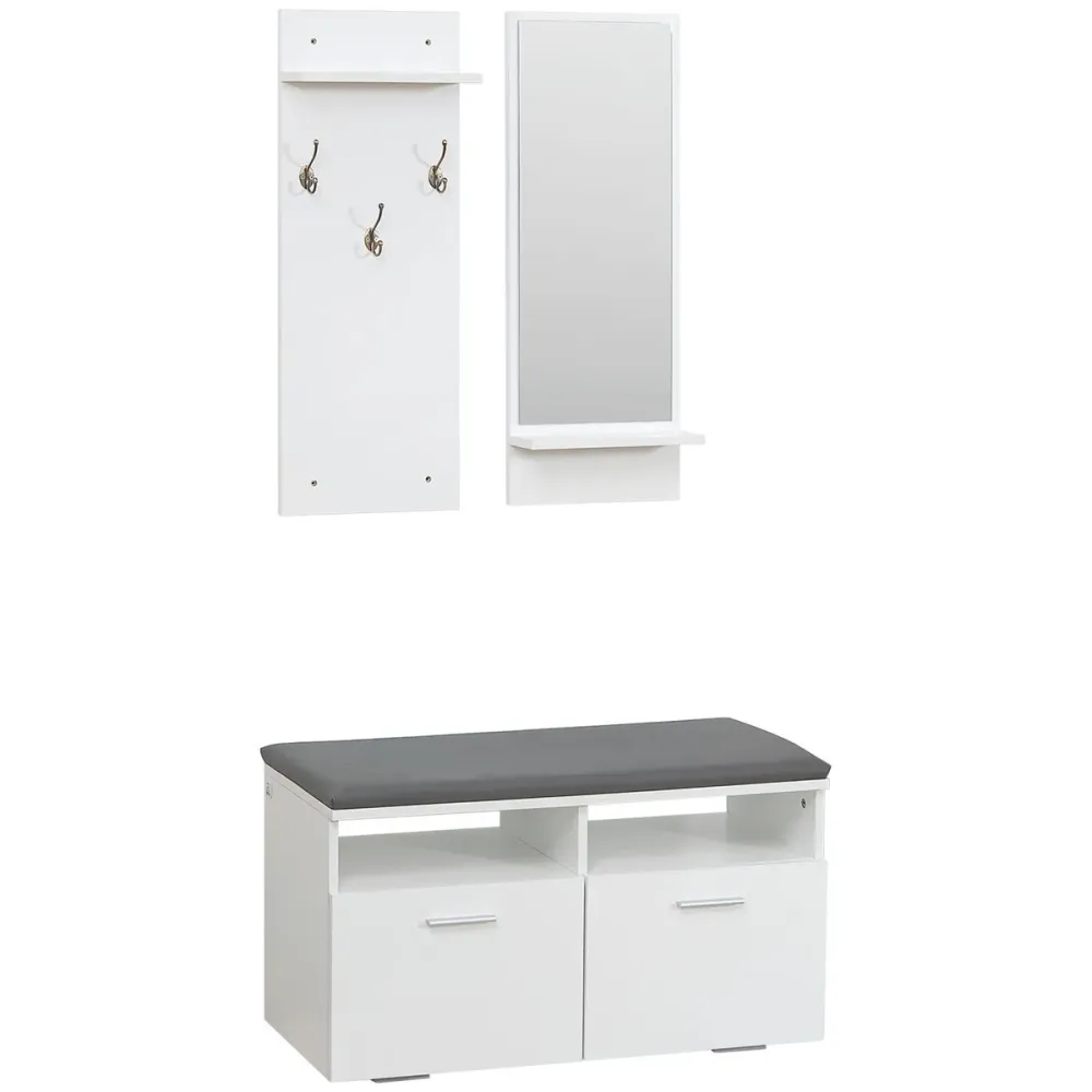 Recibidor Koler Homcom espejo + 3 ganchos + zapatero blanco