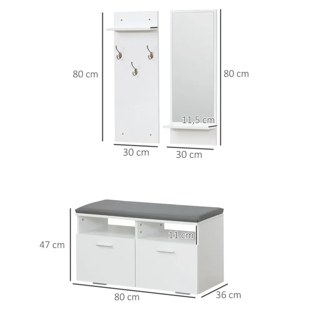 Recibidor Koler Homcom espejo + 3 ganchos + zapatero blanco