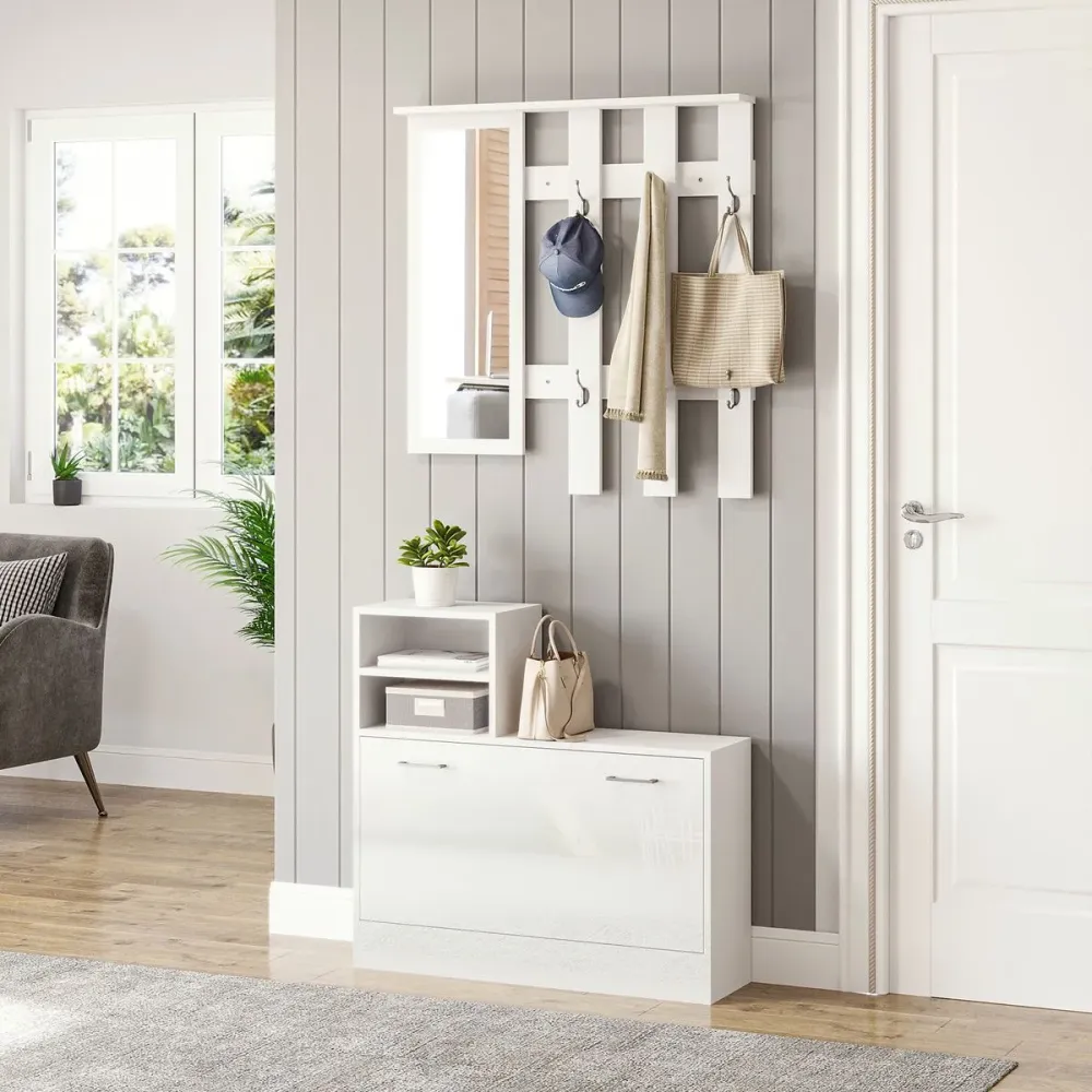 Recibidor Lauker Homcom espejo + 6 ganchos + zapatero blanco