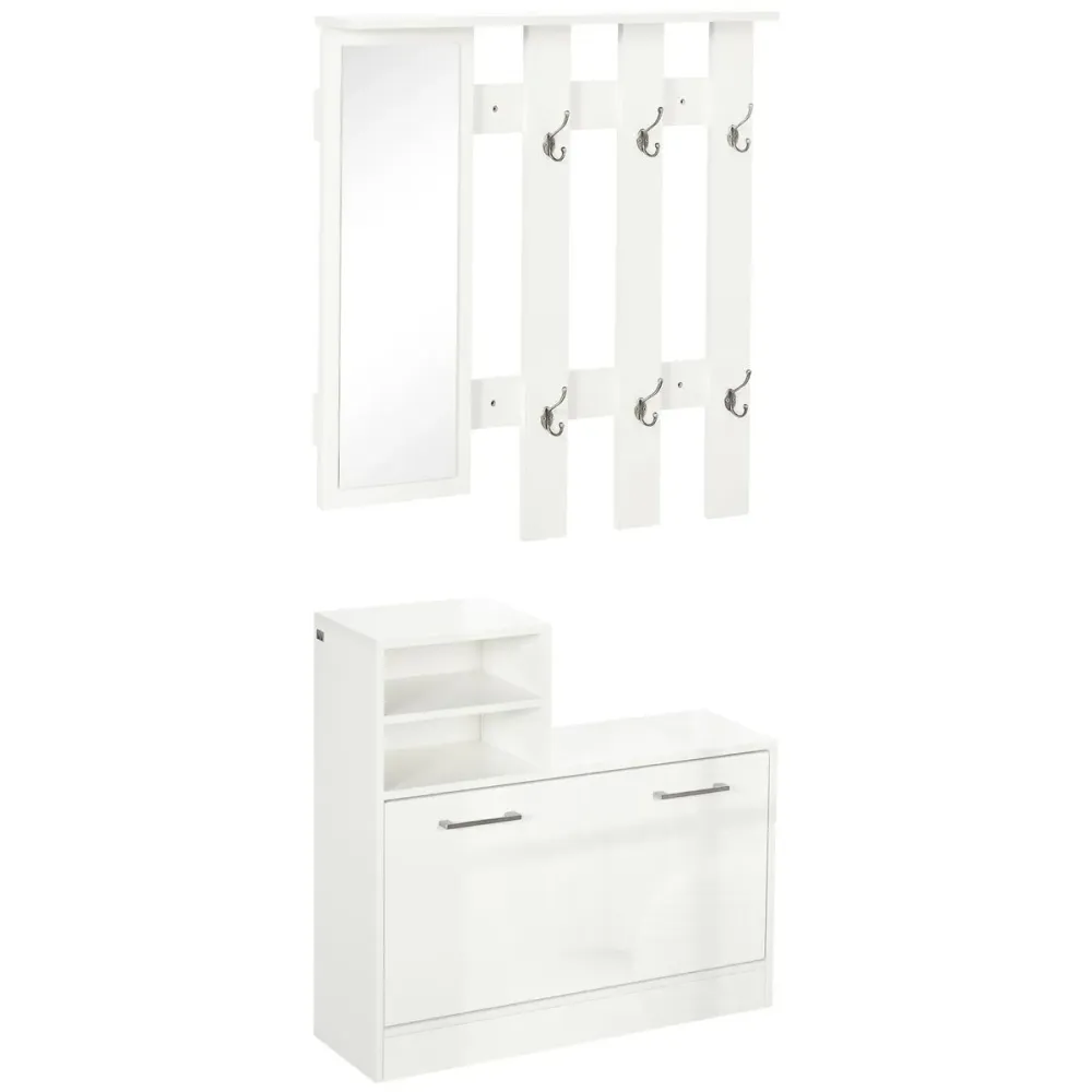 Recibidor Lauker Homcom espejo + 6 ganchos + zapatero blanco