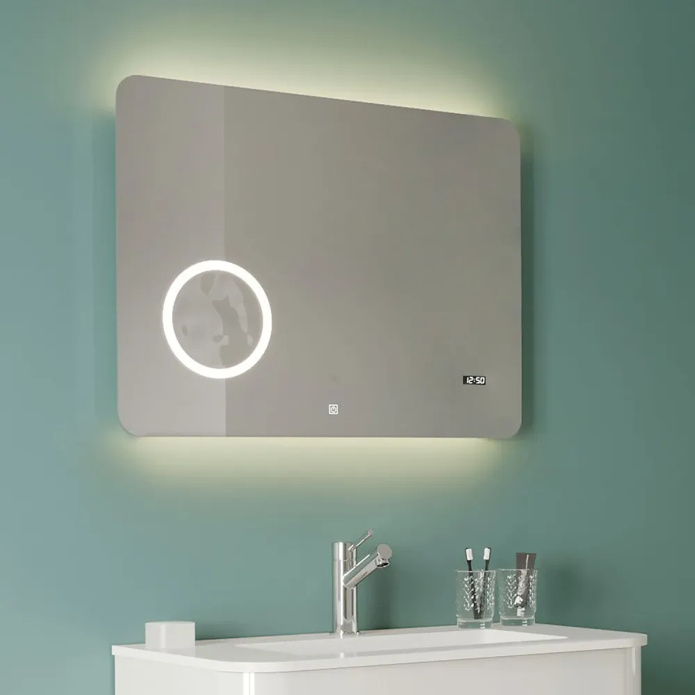 Specchio rettangolare touch dotato di orologio, termometro e ingrandimento 80x60 cm