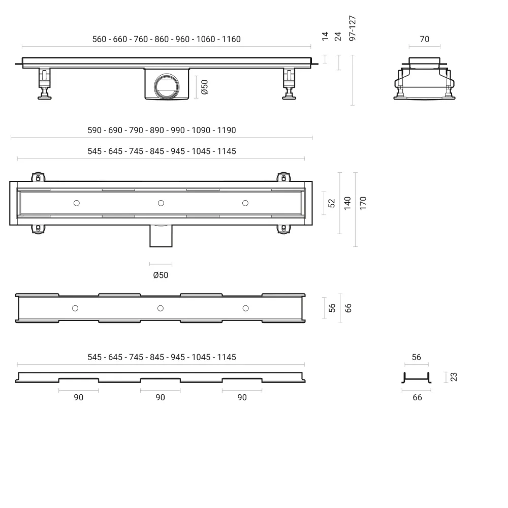 Canalina de ducha empotrada rectangular 120x7 cm cubierta inox preparada para azulejo y bridas de soporte