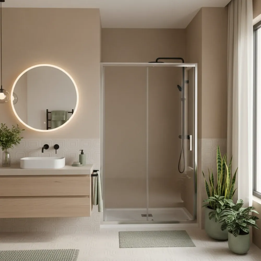 Ducha Iconic de 150x70 cm con puerta corredera y pared fija en vidrio anticalcáreo Avanzado Clean