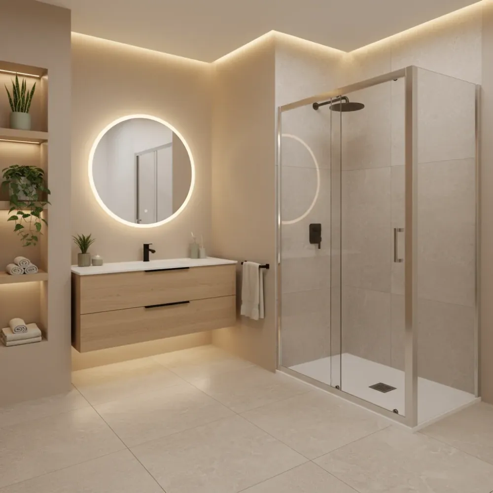 Jabonera de Pared Ducha Iconic de 140x70 cm con puerta corredera y pared fija en vidrio antical Con app Clean