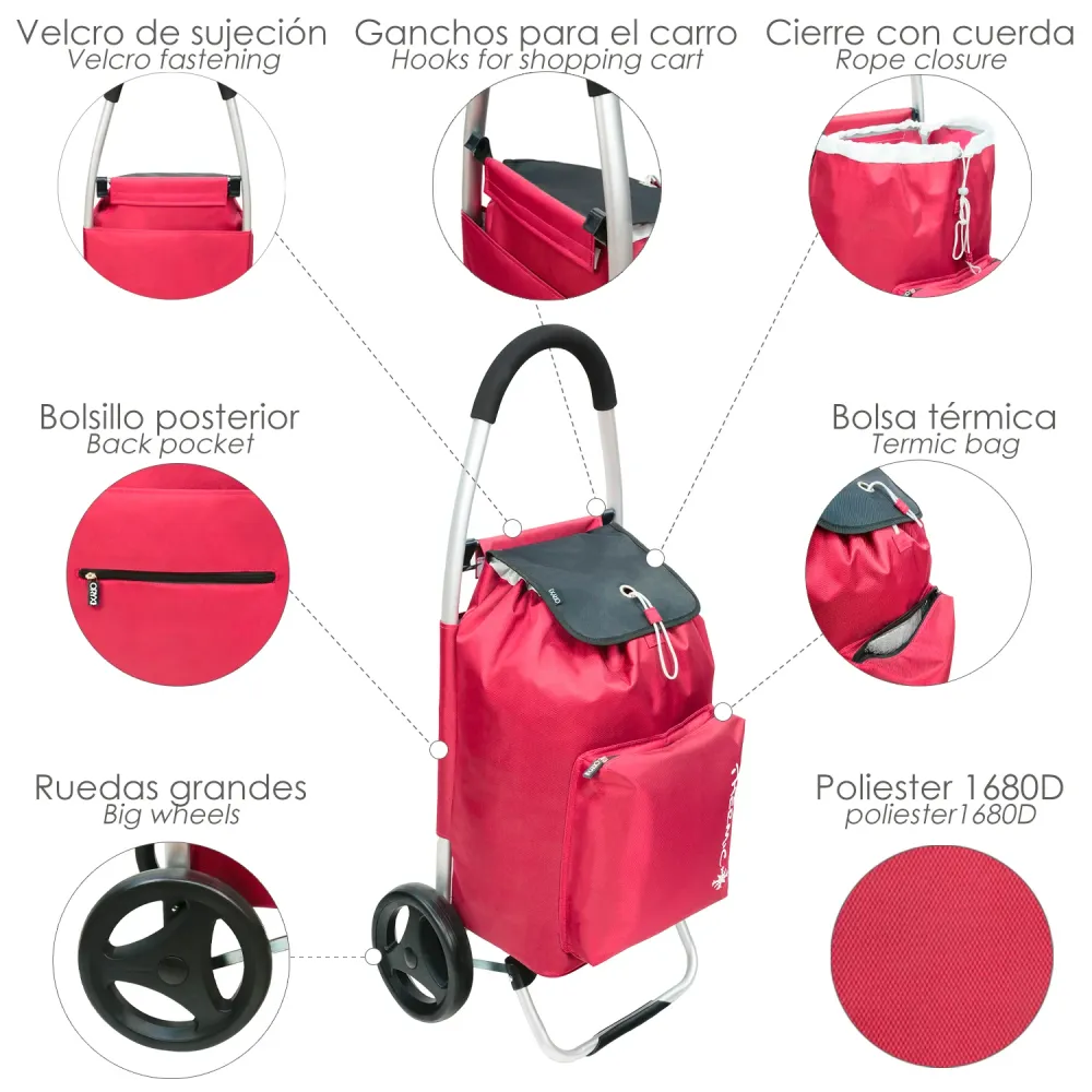 Carro De La Compra Aluminio Con Ganchos 2 Ruedas Burdeos 50 Litros Carrito De La Compra Con Bolsa Térmica Refrigeración
