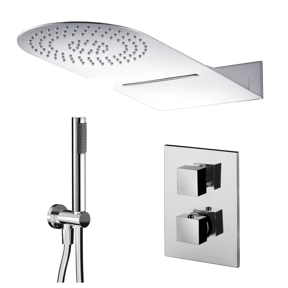 Composición de ducha con cabezal 50x22 con cascada con juego dúplex y mezclador termostático