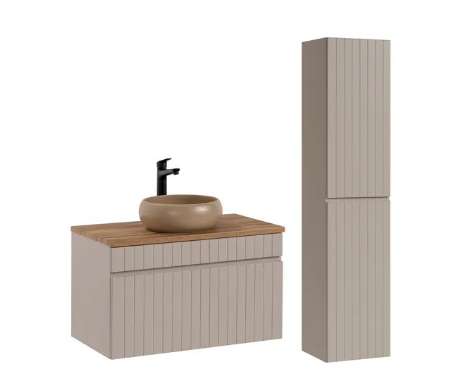 Conjunto mueble lavabo individual 80 cm y columna Zelie Cachemira y Madera