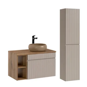 Conjunto mueble lavabo individual 80 cm con 2 nichos y columna Zelie Cachemira y Madera