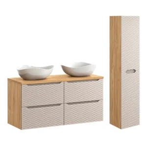 Conjunto de muebles con doble lavabo 120cm 4 cajones y columna Elora Hueso y madera Cloud
