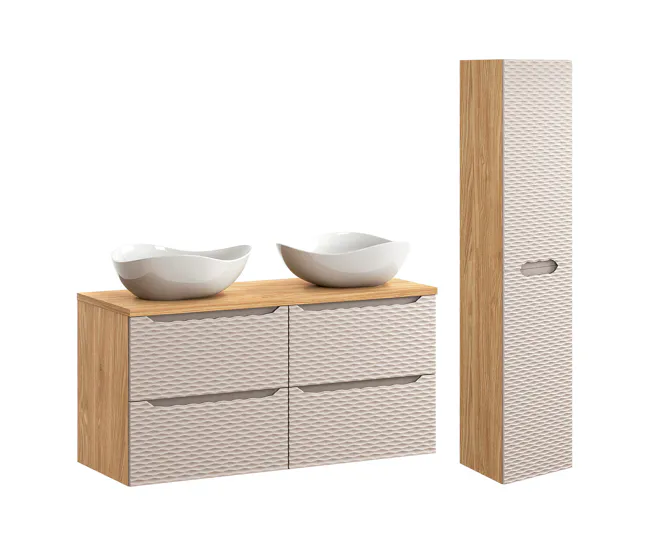 Conjunto de muebles con doble lavabo 120cm 4 cajones y columna Elora Hueso y madera Cloud
