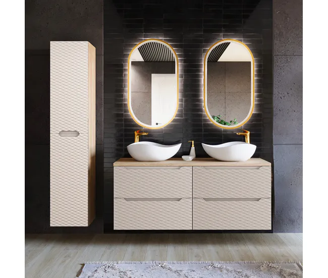 Conjunto de muebles con doble lavabo 120cm 4 cajones y columna Elora Hueso y madera Cloud