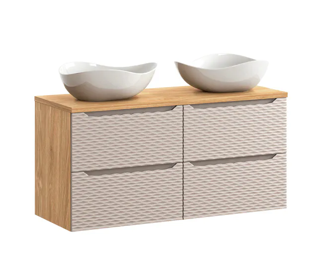 Conjunto de muebles con doble lavabo 120cm 4 cajones y columna Elora Hueso y madera Cloud