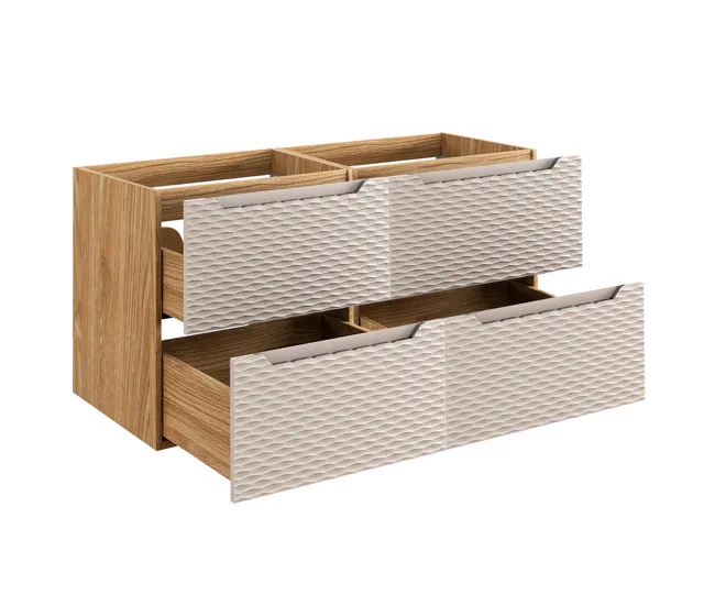 Conjunto de muebles con doble lavabo 120cm 4 cajones y columna Elora Hueso y madera Cloud