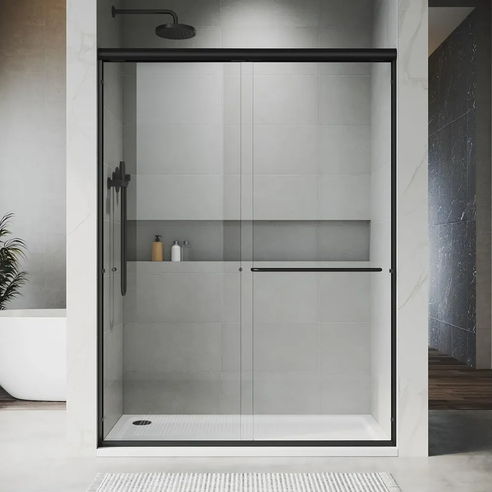Puerta de ducha corredera doble UNIKOO de 56"-60" de vasto × 72" de alto, semiframeless, de acero inoxidable, en negro mat...