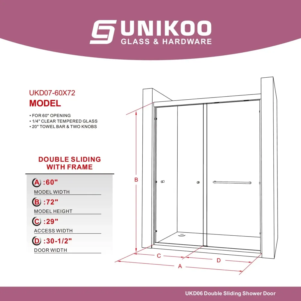 Puerta de ducha corredera doble UNIKOO de 56"-60" de ancho × 72" de grande, semiframeless, de acero inoxidable, en negro m...