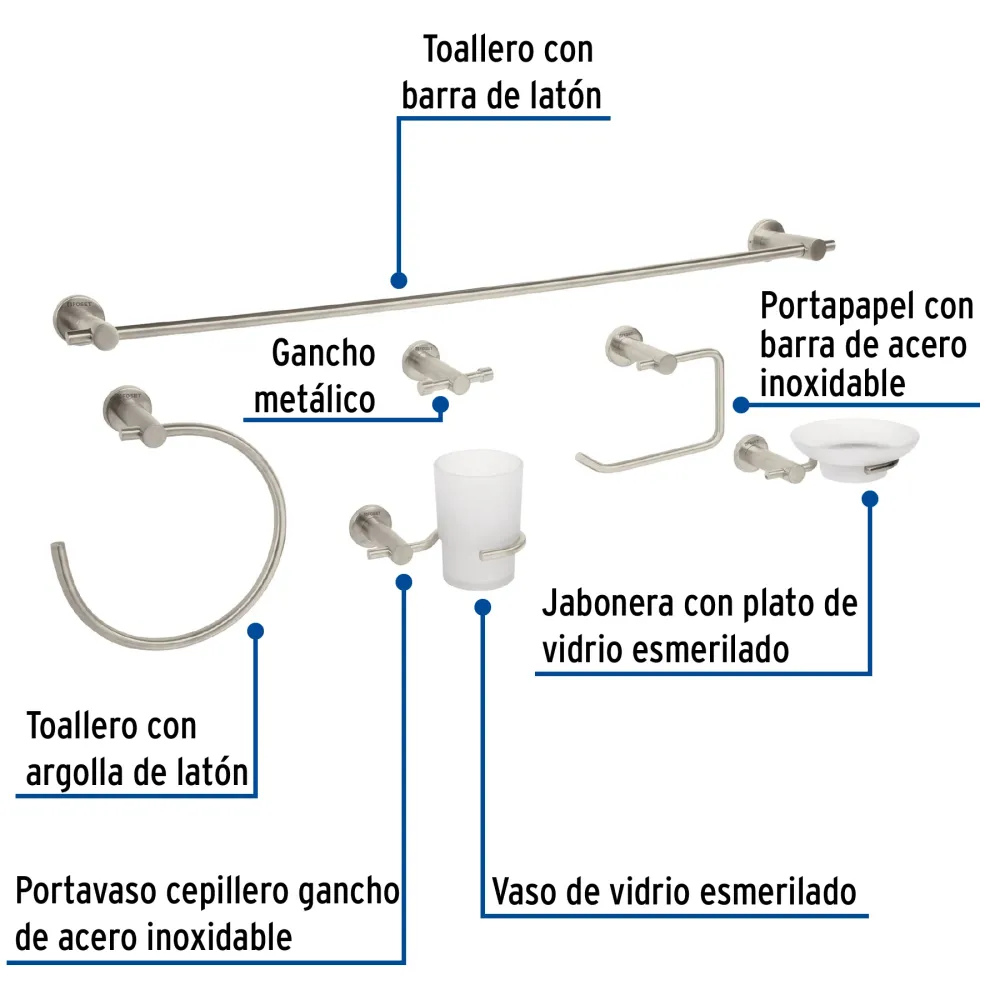 Juego de accesorios para baño, 6 piezas, satinado, Element para Ahorrar Espacio