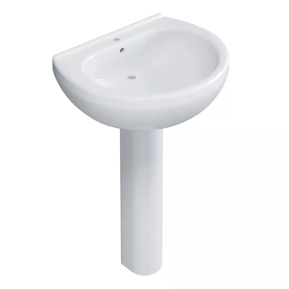 Juego de baño total con bidé, inodoro con tapa, lavabo de 55 cm y columna serie Orquídea en cerámica blanca