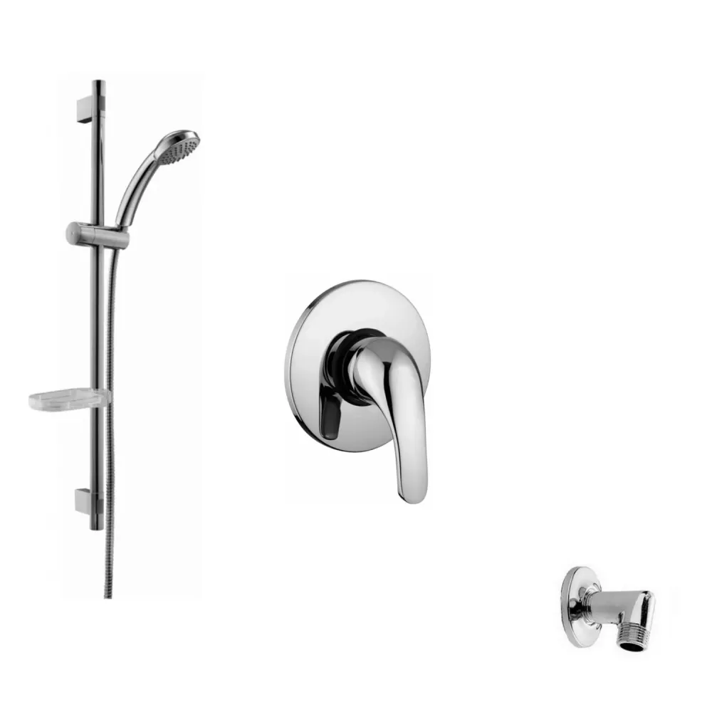 Juego Saliscendi de ducha con barra de metálico, mezclador empotrado y toma de agua empotrada en pared Paffoni