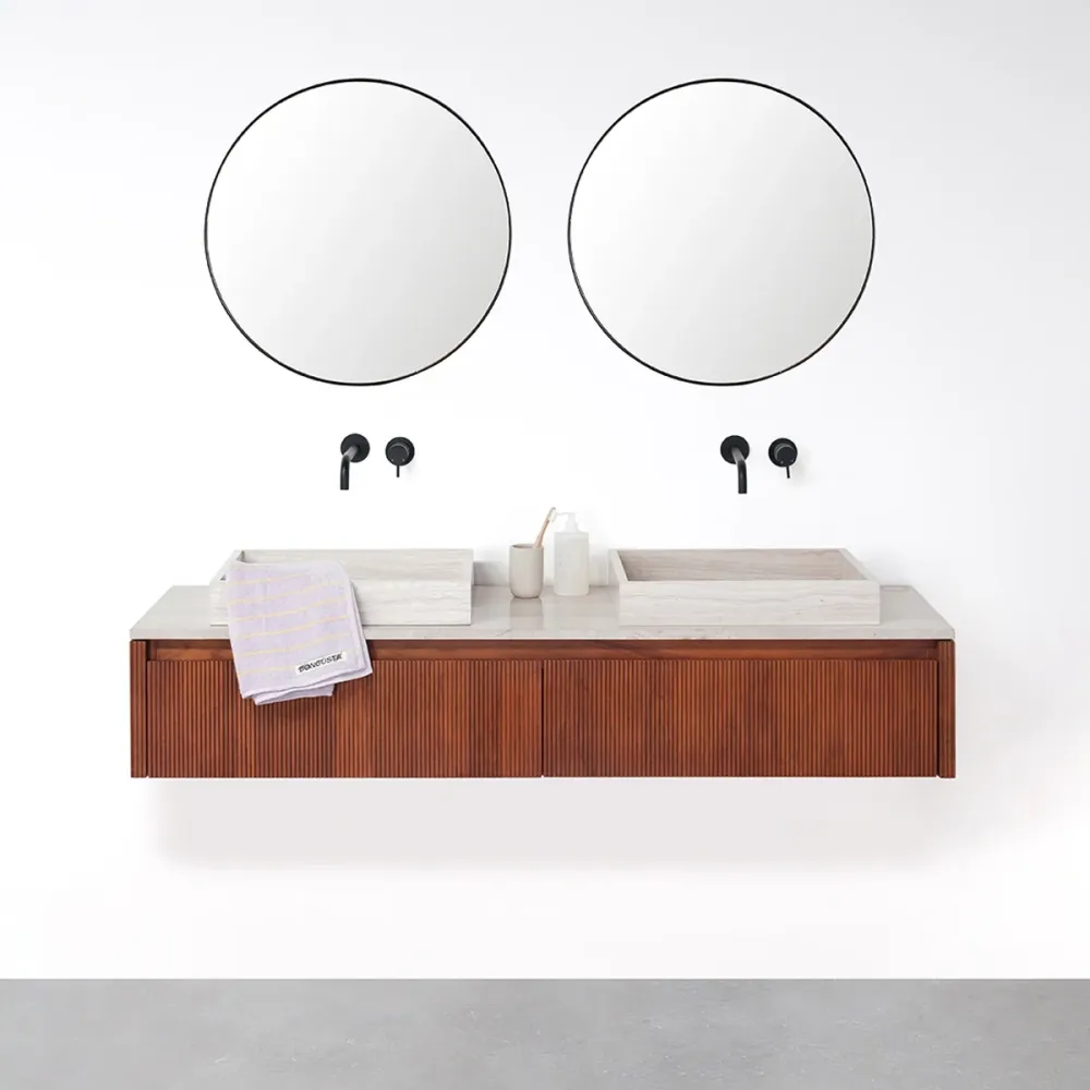 Mueble de baño Nogal - Ahun - Mármol Crema Marcel/George - 150 cm para Organización