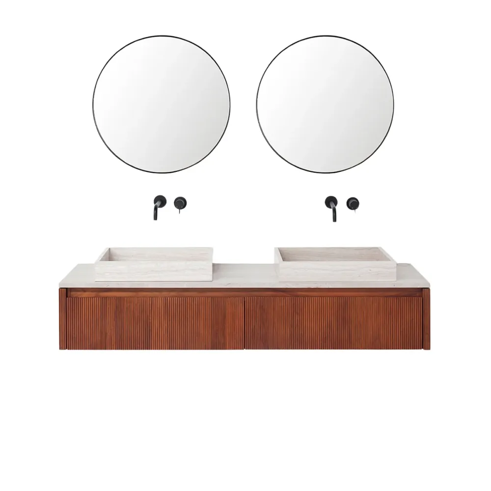 Mueble de baño Nogal - Ahun - Mármol Crema Marcel/George - 150 cm para Organización