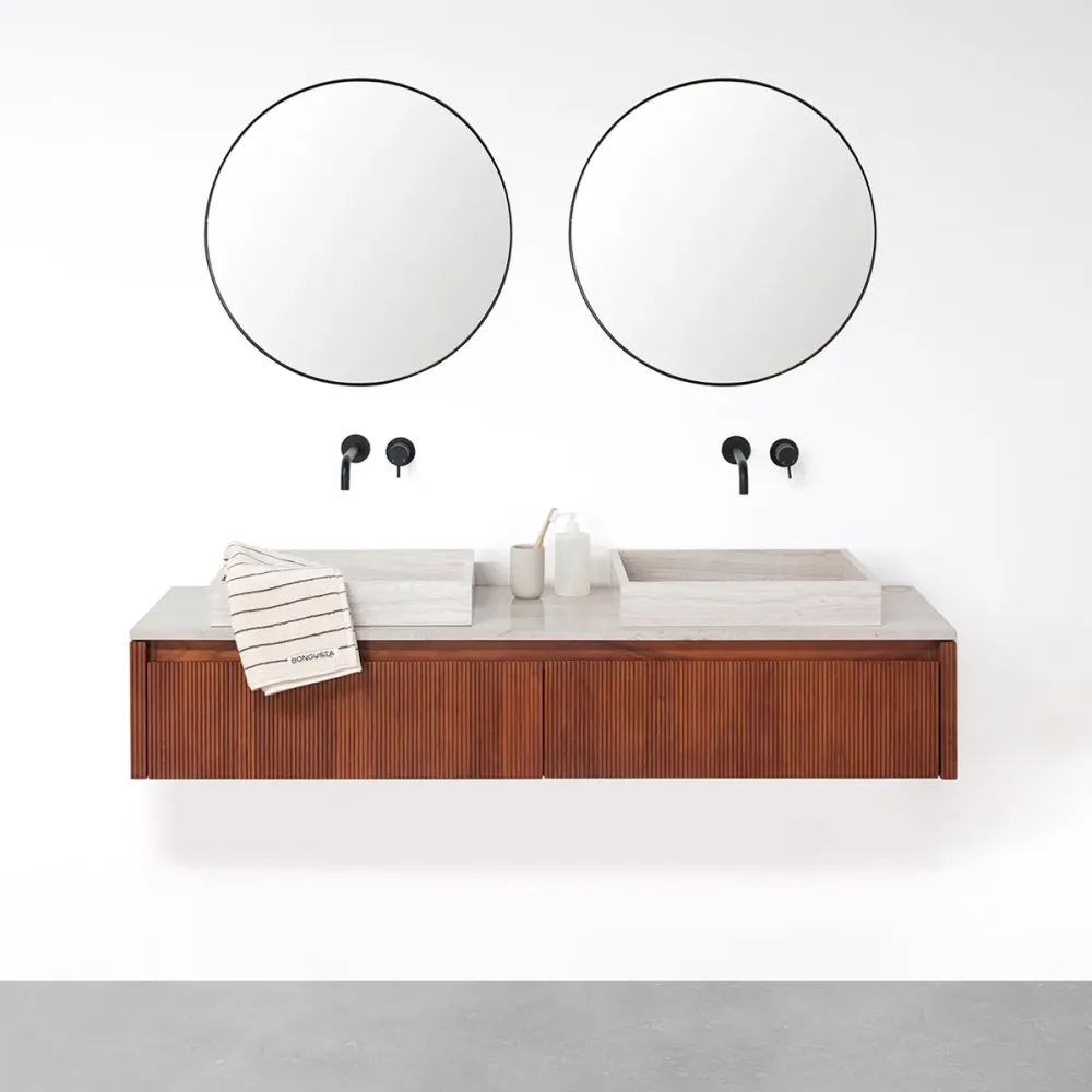 Mueble de baño Nogal - Ahun - Mármol Crema Marcel/George - 150 cm para Organización