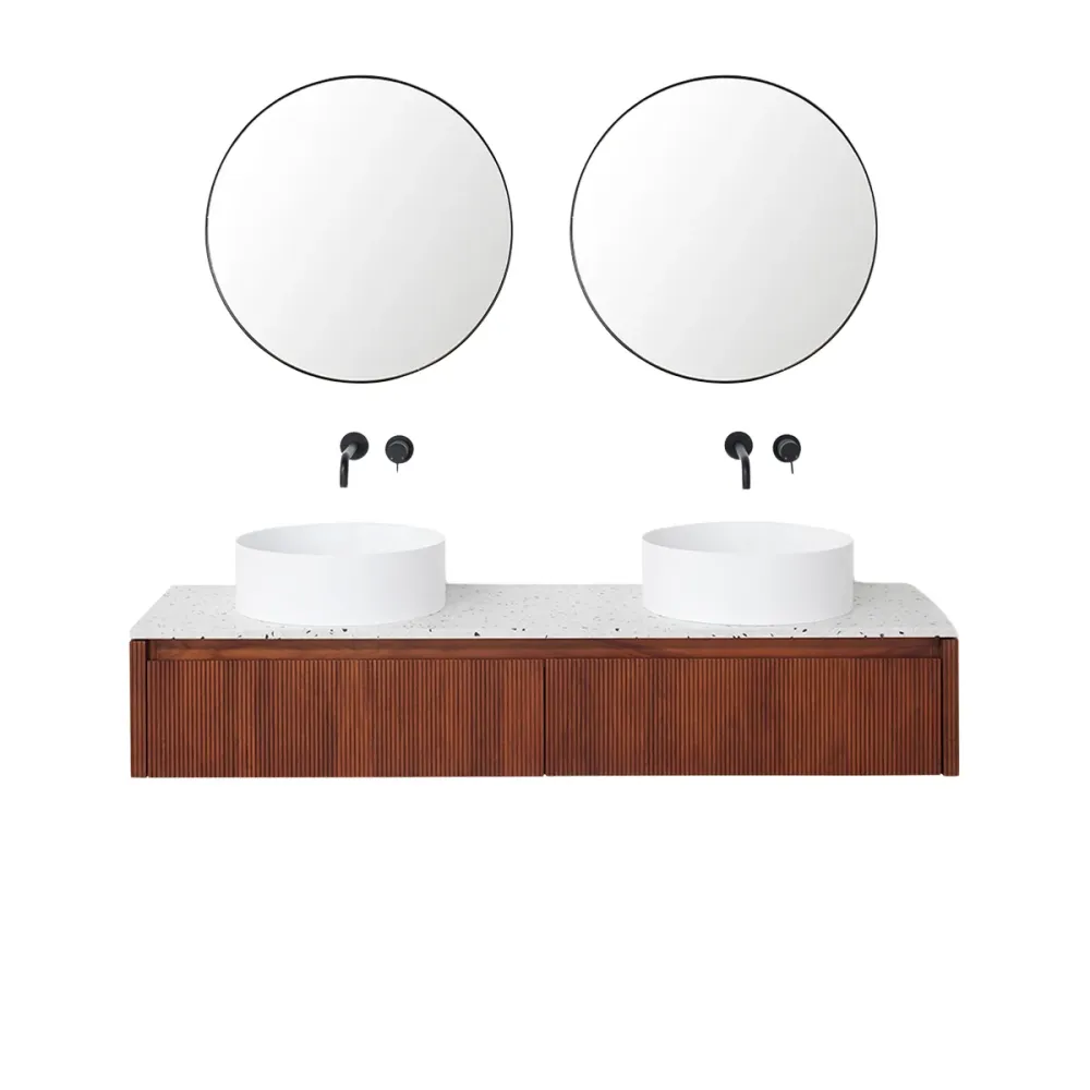 Mueble de baño Nogal - Ahun - Sims Sólido Surface - Placa superior de terrazo - 150 cm | Fácil Instalación | Sin Taladro