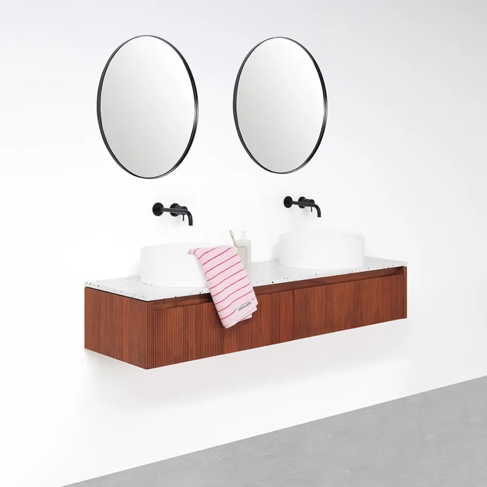 Mueble de baño Nogal - Ahun - Sims Sólido Surface - Placa superior de terrazo - 150 cm | Fácil Instalación | Sin Taladro